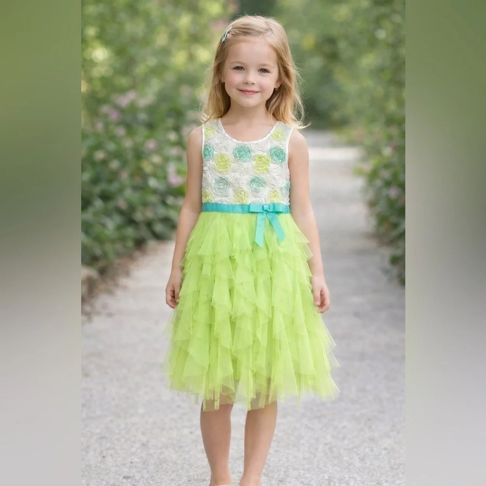 Jona Michelle Girls Green Ruffle Party Dress Size 7 Floral Rosette Tulle Easter